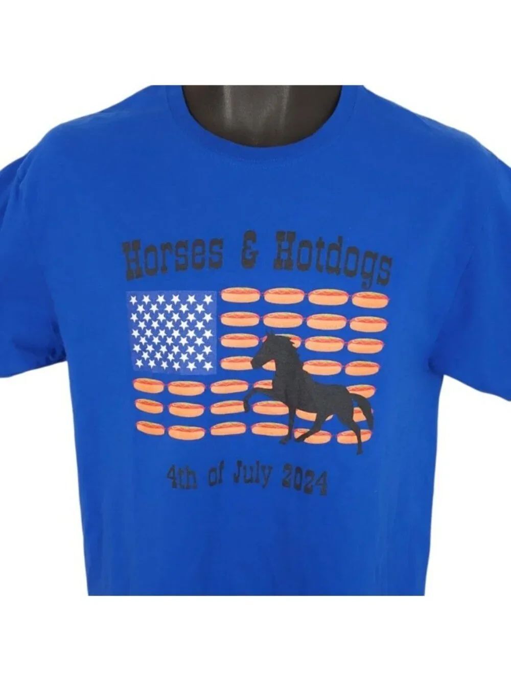 Horses & Hotdogs T Shirt Mens Size Medium Blue 4th Of July American Flag